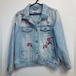 Cavalini Distressed Light Wash Denim Jacket, Floral Embroidery, Women’s Medium